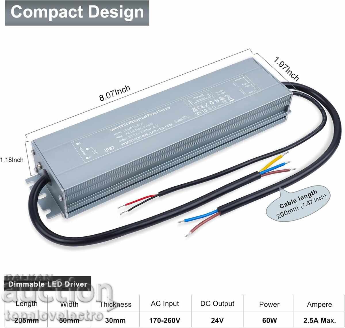НОВ! LED драйвер 24V 60W димируем IP67 – водоустойчив с цена € 14.00 | 27.38 лв.