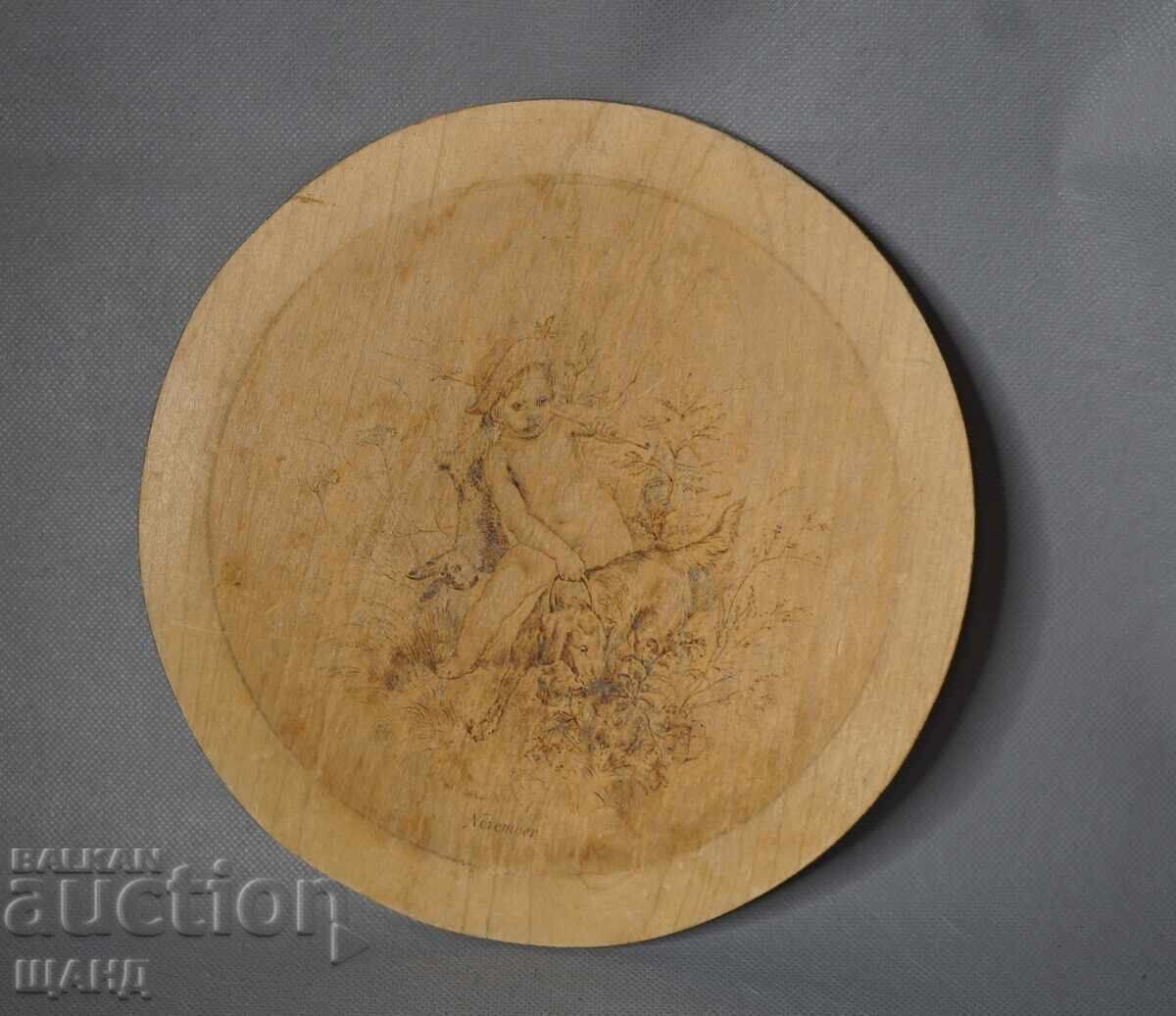 Old wooden hunting panel pyrography boy with dog and rabbit with price € 6.55 | 12.81 BGN Old wooden hunting panel pyrography boy with dog and rabbit with price € 6.55 | 12.81 BGN