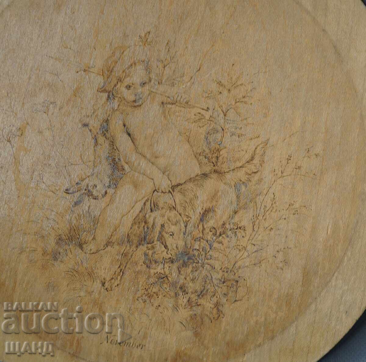 Old wooden hunting panel pyrography boy with dog and rabbit Old wooden hunting panel pyrography boy with dog and rabbit