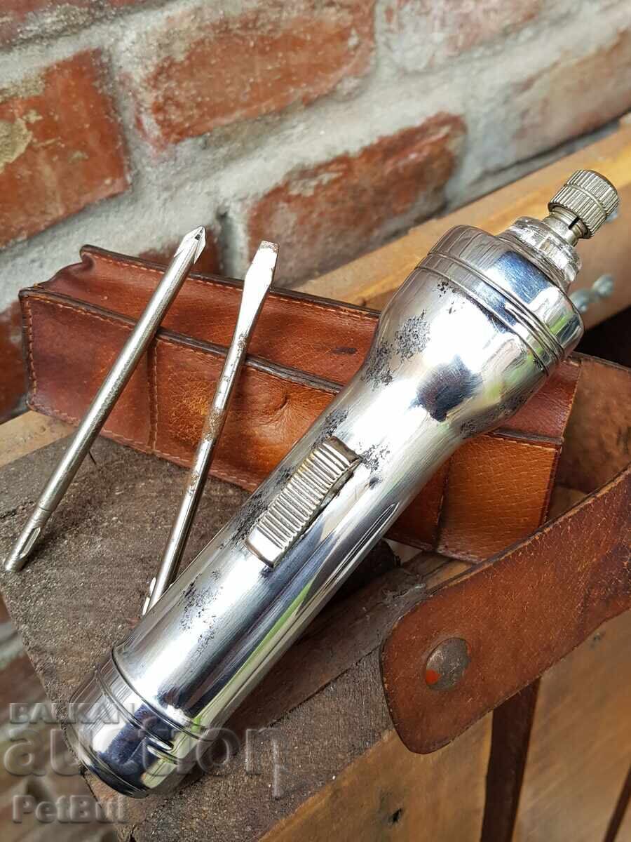 Auction  Old Flashlight with Screwdriver in Leather Case and Bits