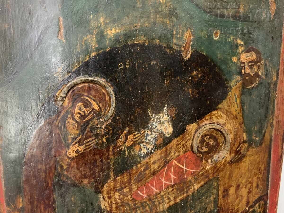 Παλιά ζωγραφισμένη Βουλγαρική εικόνα, ασημένια επένδυση, Γέννηση Παλιά ζωγραφισμένη Βουλγαρική εικόνα, ασημένια επένδυση, Γέννηση