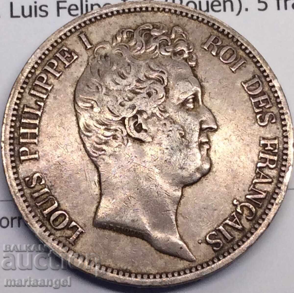 5 Франка 1831 Франция крал Луи Филип I  B - Rouen 25,08г Ag