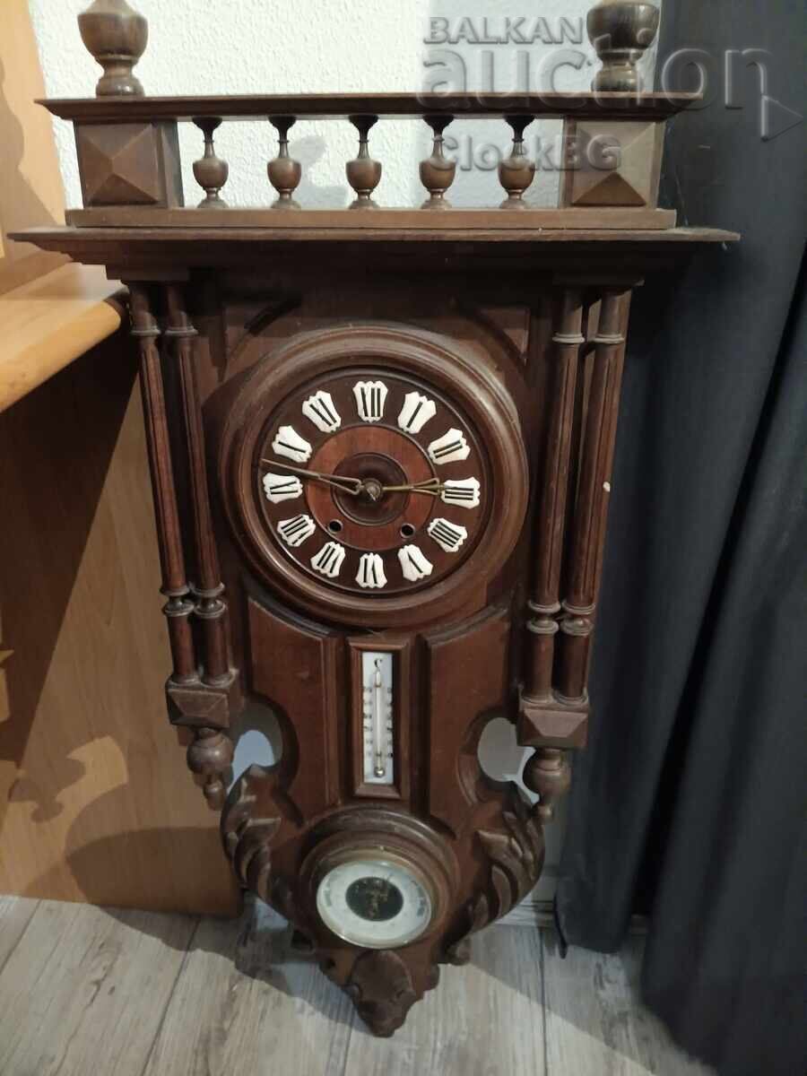 Антикварен немски стенен регулатор с барометър и термометър