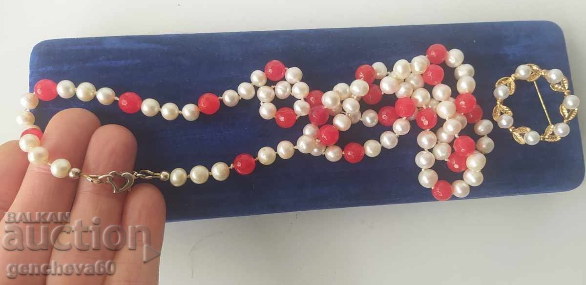 Wonderful double necklace with natural pearls, crystals, silver, and a brooch - 5