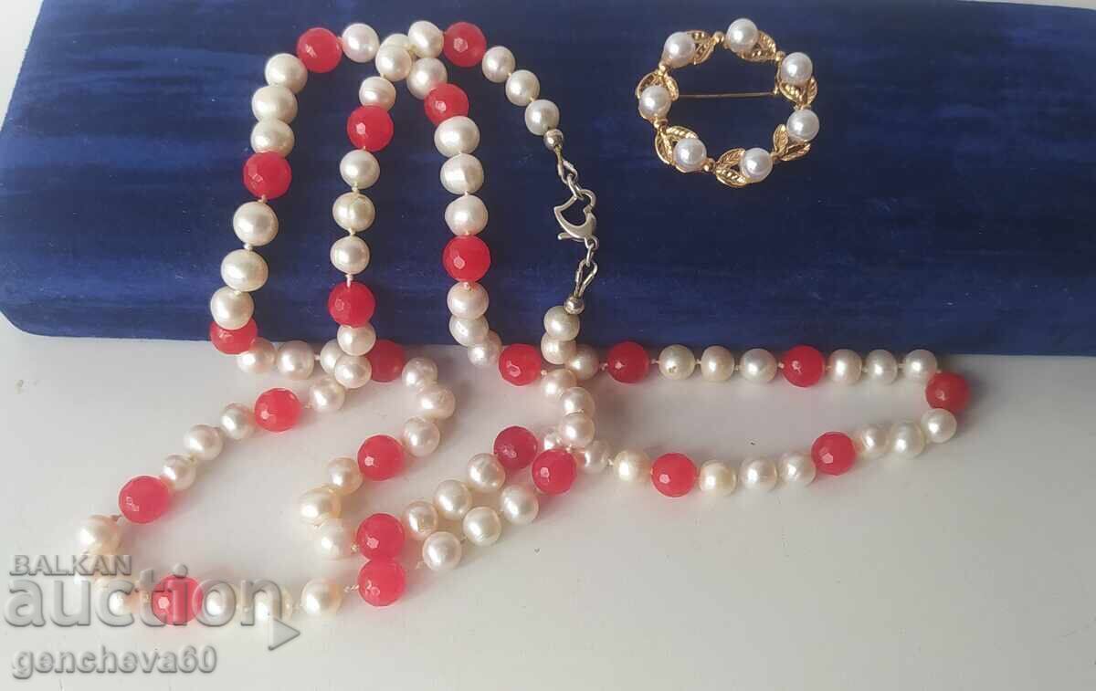 Wonderful double necklace with natural pearls, crystals, silver, and a brooch