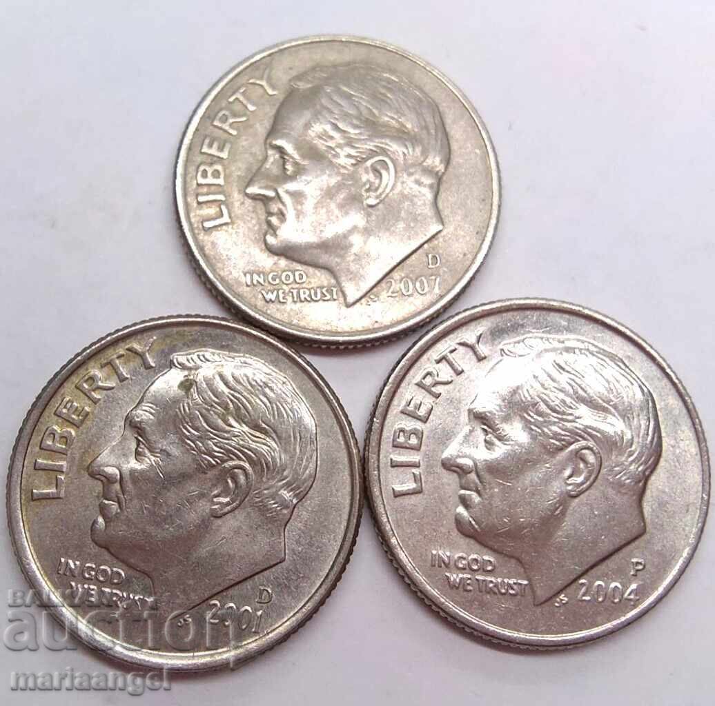 Сет САЩ 10 цента 2001, 2004 и 2007 - 3 монети