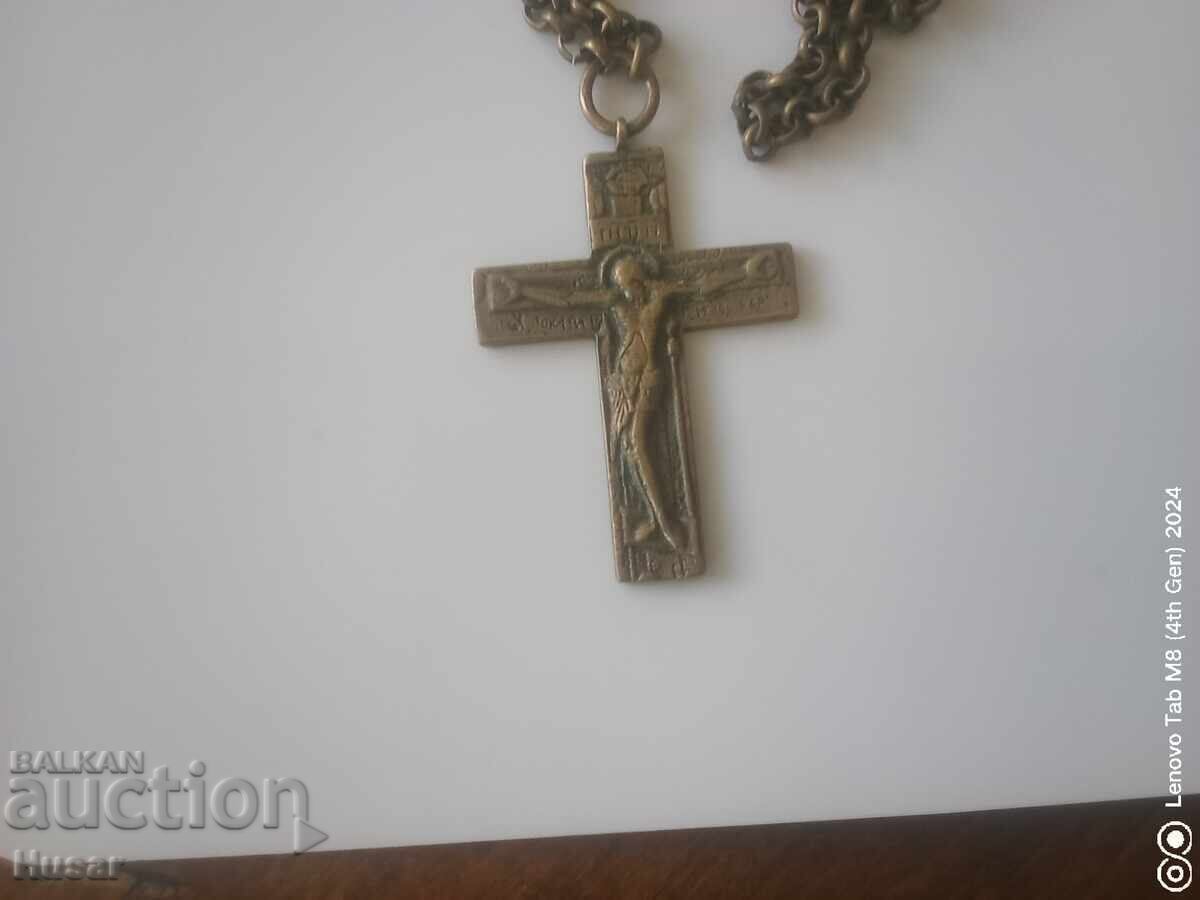 Old massive large bronze cross with original chain