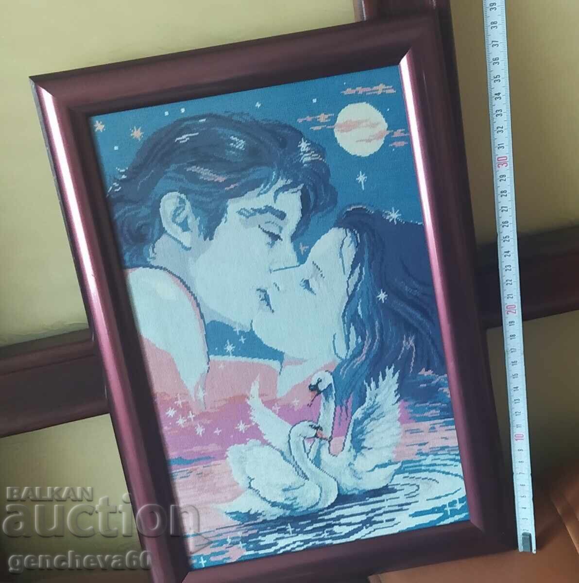 Beautiful framed tapestry "Loyalty" / fine stitch 0.01mm