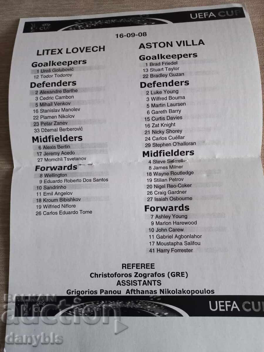 Licitație Program de meci de fotbal - Litex - Aston Villa 2008