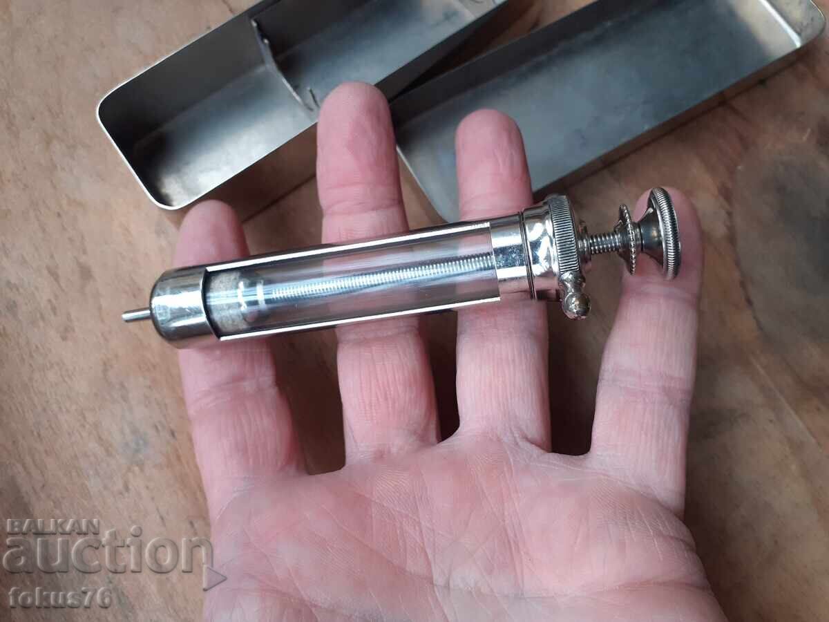 Seringă de sticlă veche pentru injecție din secolul al XIX-lea cu cutie metalică - 5