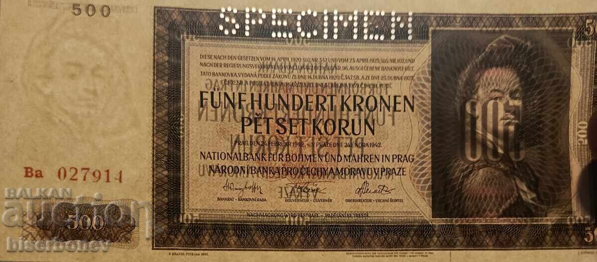 Licitație Specimen, 500 coroane Boemia și Moravia 1942, UNC