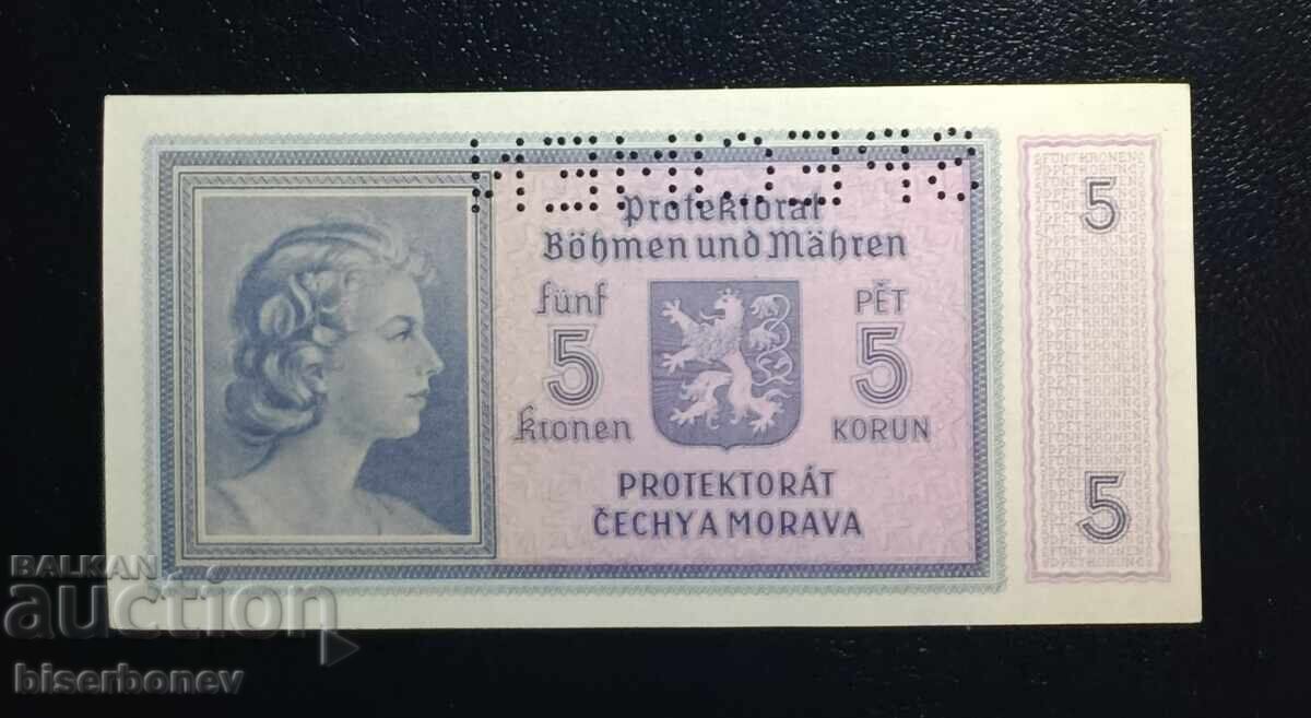 Specimen 5 coroane Boemia și Moravia 1940, UNC cu preț € 55.00 | 107.57 BGN