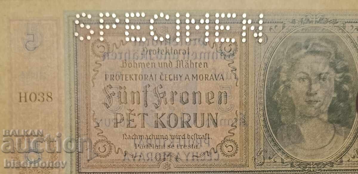 Licitație Specimen 5 coroane Boemia și Moravia 1940, UNC