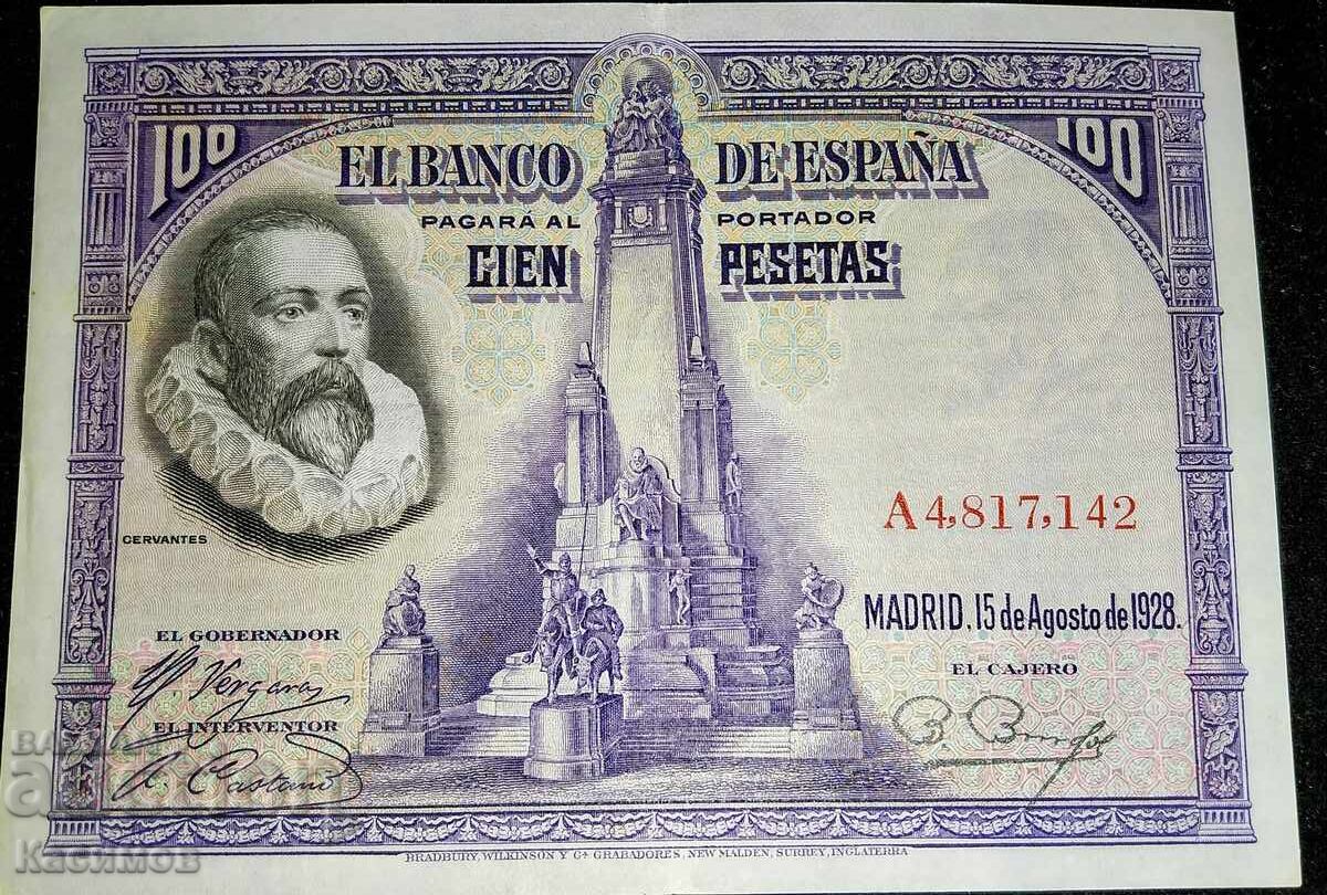 Стара рядка банкнота от Испания 100 Песетас 1928 година