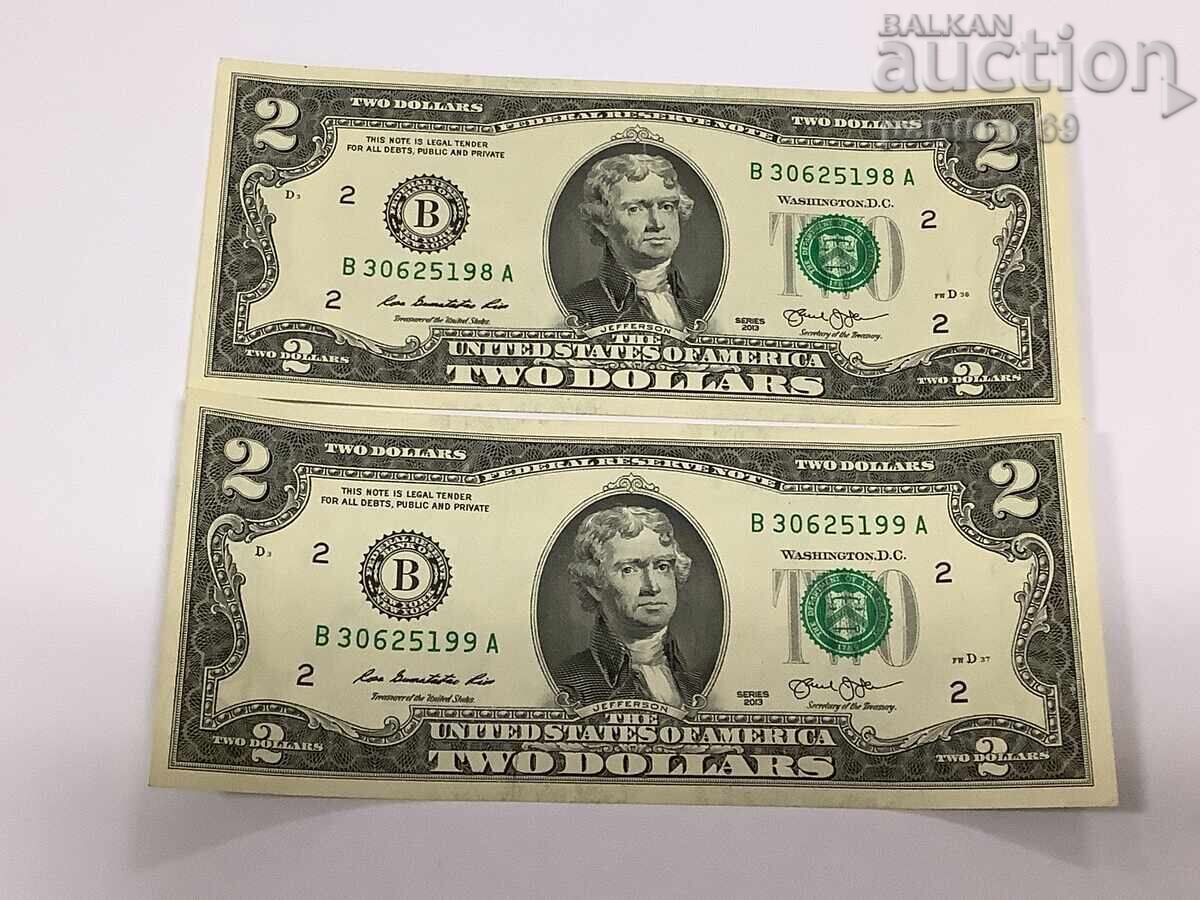 SUA 2 dolari 2013 UNC cu numere consecutive 2 bucăți