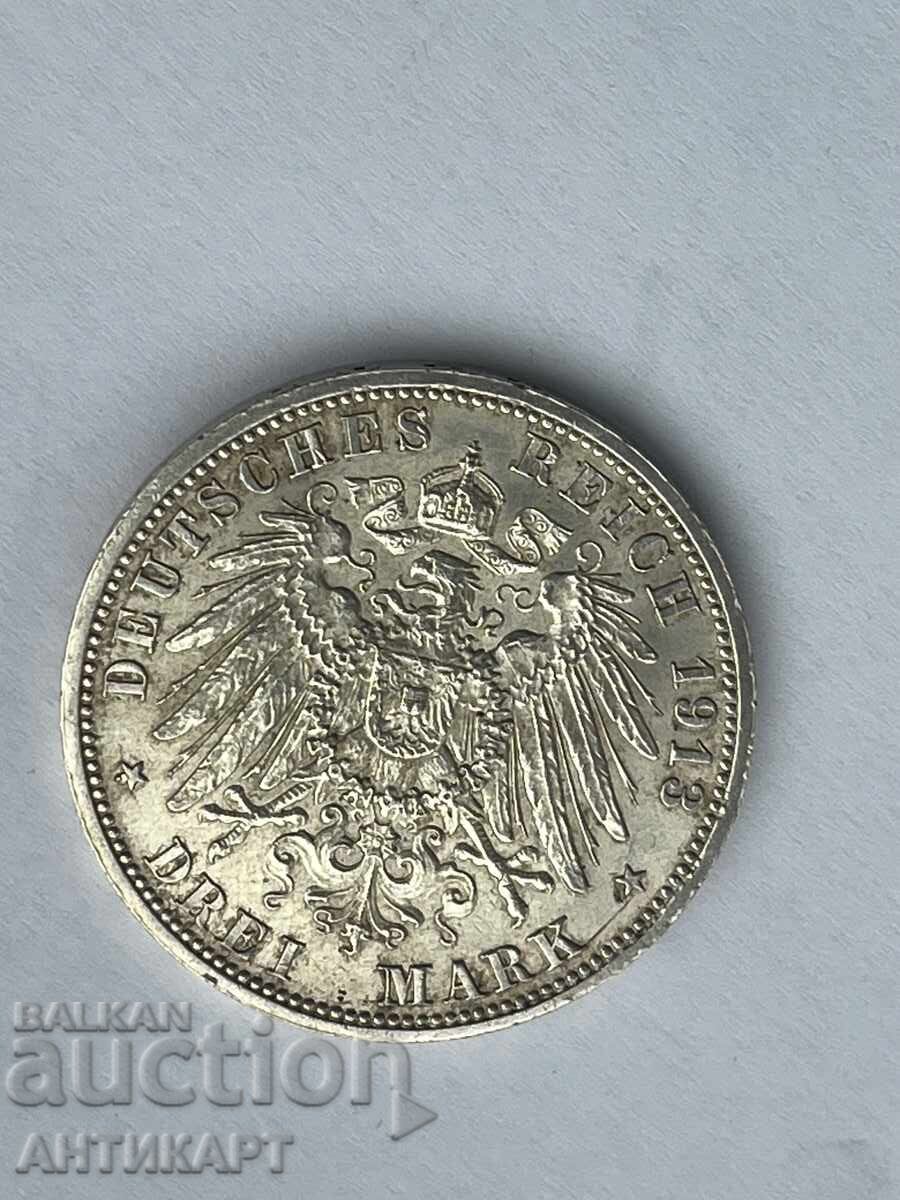 Ασημένιο νόμισμα 3 μάρκα 1913 Γερμανία Wilhelm Prussia με τιμή € 42.10 | 82.34 BGN