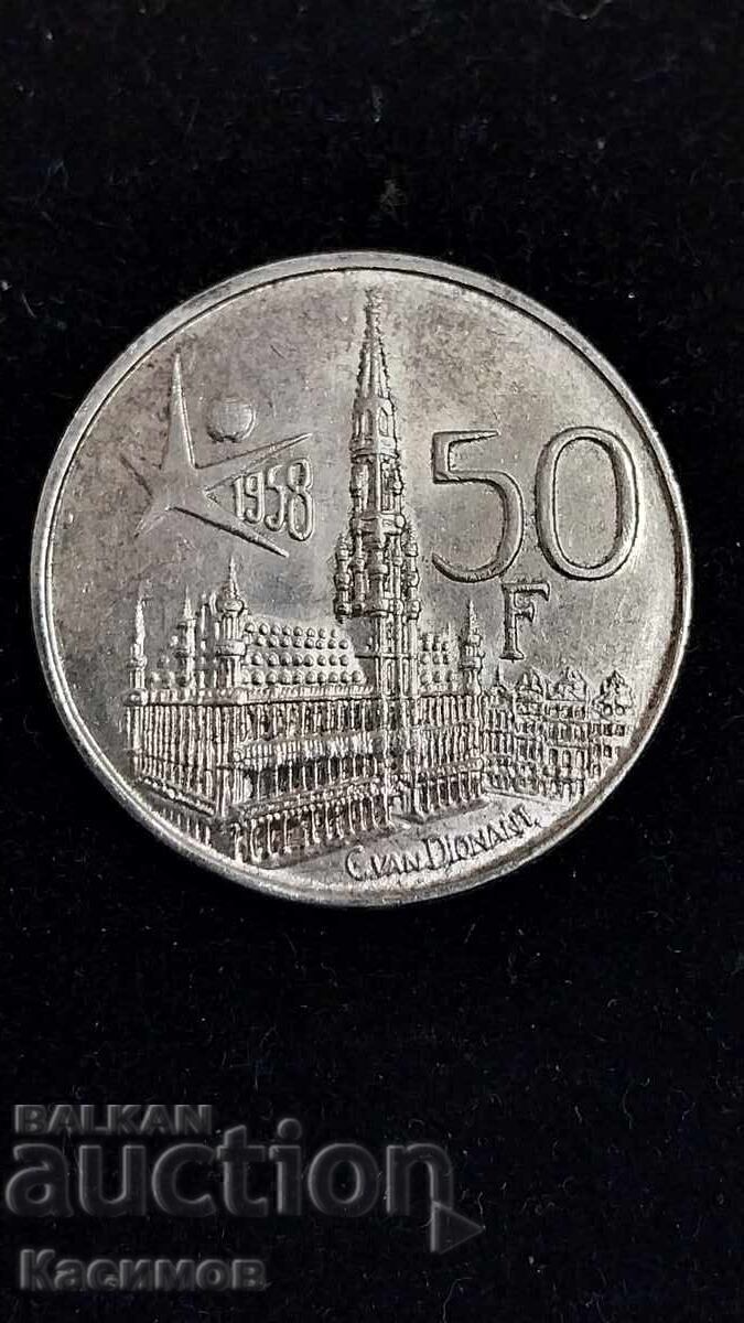 Monedă jubiliară de argint din Belgia 50 Franci 1958 Monedă jubiliară de argint din Belgia 50 Franci 1958