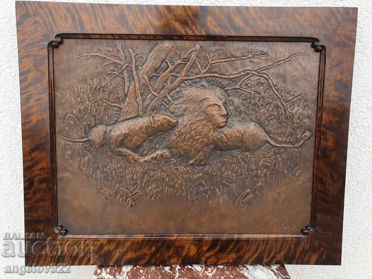 Licitație Panou de cupru în relief, vechi, de autor, pentru perete, din 1927