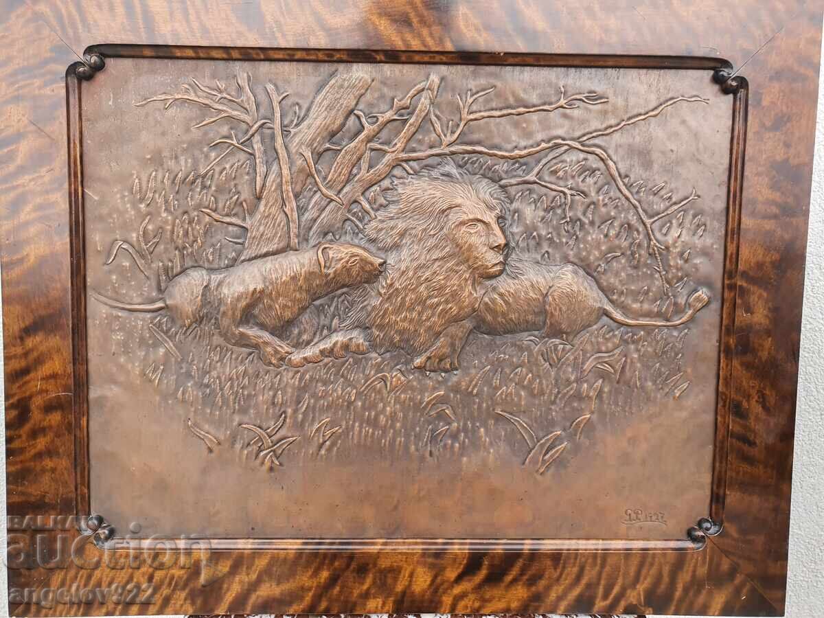 Livrarea Panou de cupru în relief, vechi, de autor, pentru perete, din 1927