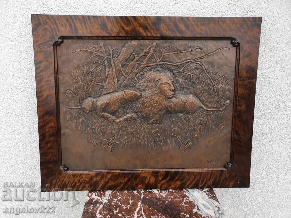 Panou de cupru în relief, vechi, de autor, pentru perete, din 1927