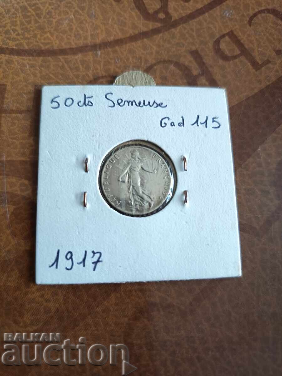 Γαλλικό ασημένιο νόμισμα 50 λεπτών 1917