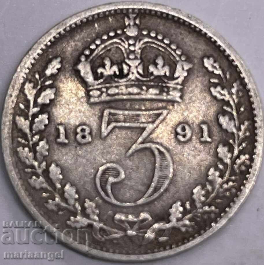 Великобритания 3 пенса 1891 Виктория 1837-1901 сребро - 5