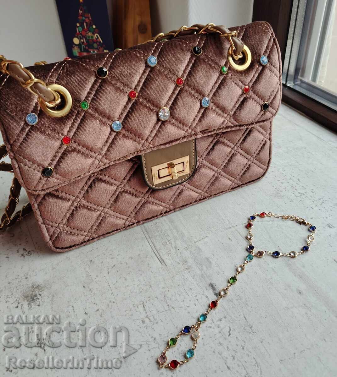 New bag with crystals, in brown, plus a gift bracelet