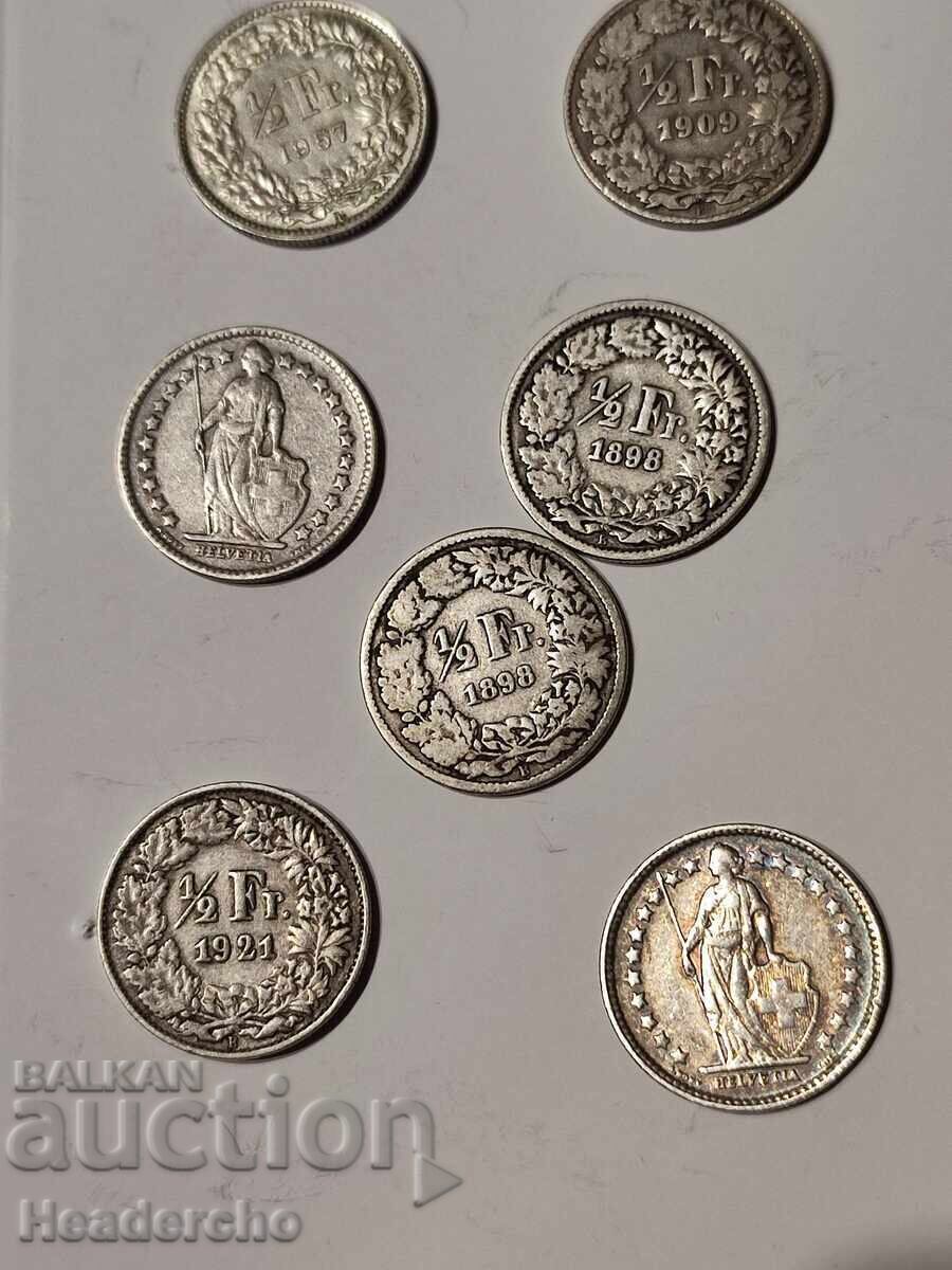 Lot 7x franci elvețieni, ani diferiți - 1/2 franc cu preț € 55.00 | 107.57 BGN Lot 7x franci elvețieni, ani diferiți - 1/2 franc cu preț € 55.00 | 107.57 BGN