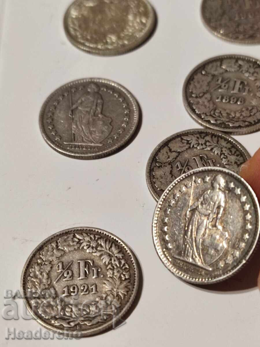 Licitație Lot 7x franci elvețieni, ani diferiți - 1/2 franc Licitație Lot 7x franci elvețieni, ani diferiți - 1/2 franc