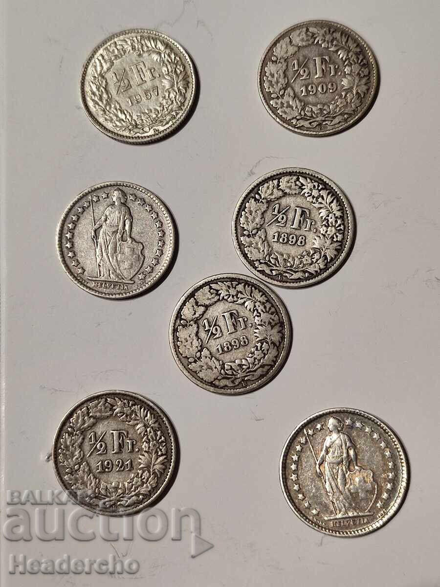 Lot 7x franci elvețieni, ani diferiți - 1/2 franc Lot 7x franci elvețieni, ani diferiți - 1/2 franc