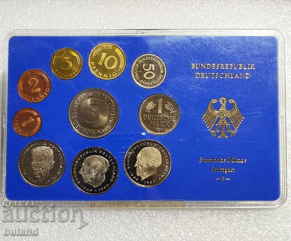 Γερμανία UNC PROOF Σετ 10 Νομισμάτων 1980 F Μάρκο Πφέννιγκ