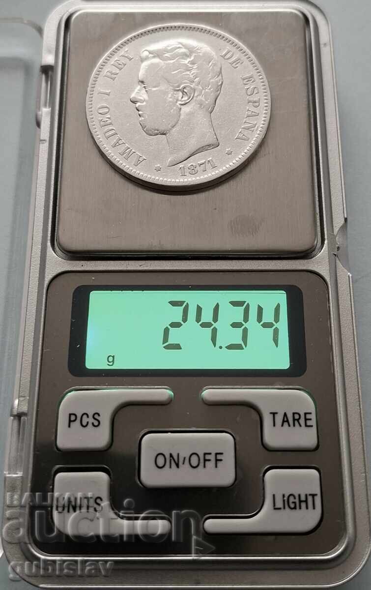 Licitație Monedă de argint 5 pesetas, 1871, Spania, Amadeo I Licitație Monedă de argint 5 pesetas, 1871, Spania, Amadeo I