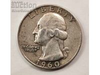 Silver 1/4 Dollar Liberty 1960 D USA