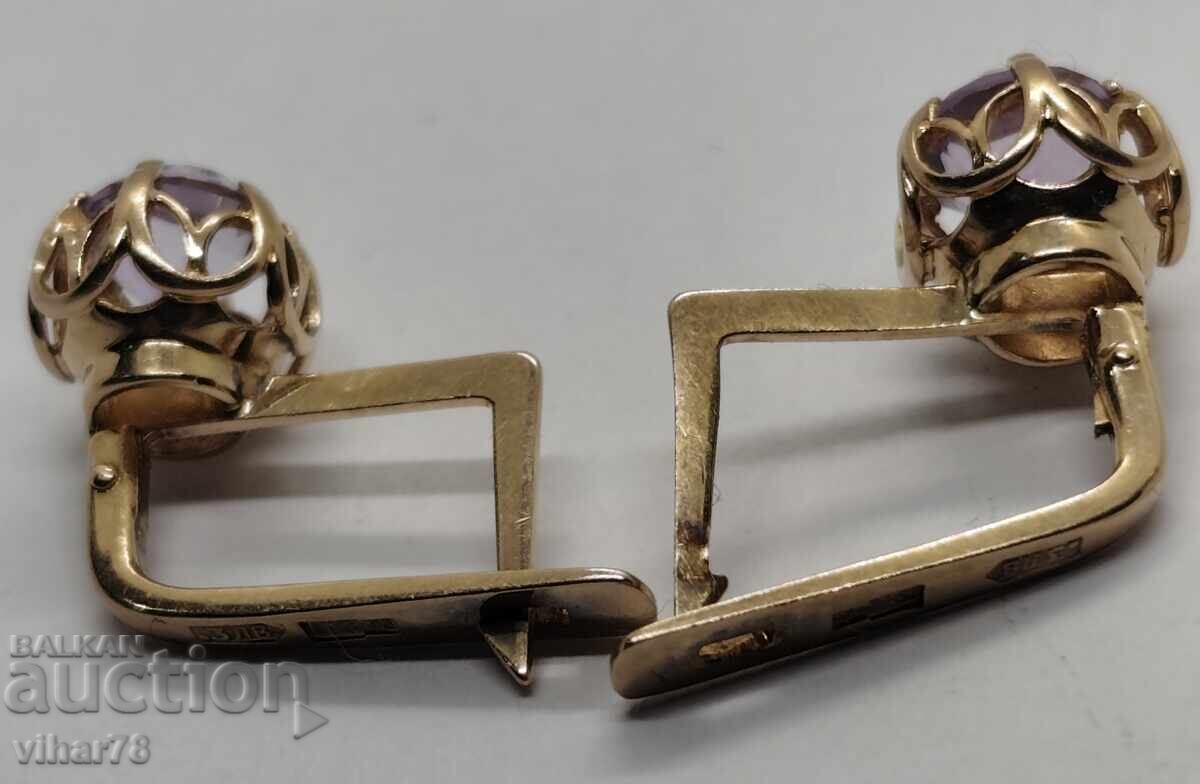 Russian gold earrings - 583 assay - Amethyst - 5