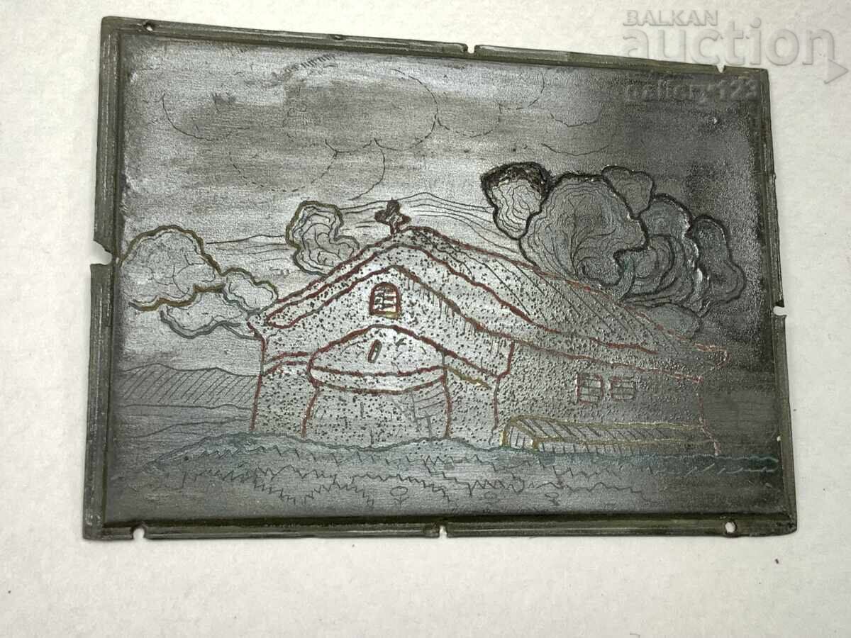 Tablou gravat pe placă metalică, biserică