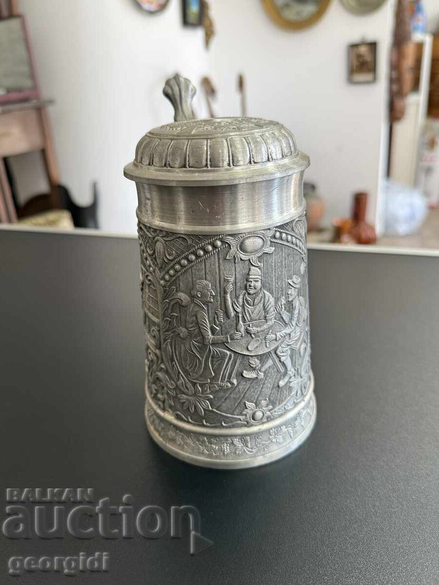 Cană germană de staniu cu capac - Alwe. №7853 Cană germană de staniu cu capac - Alwe. №7853