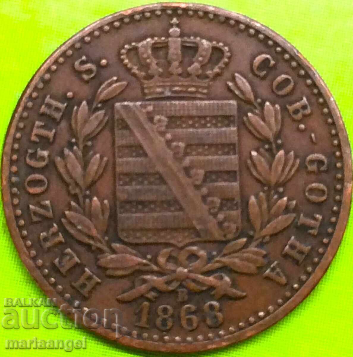 Licitație 1 Pfennig 1868 Gotha-Saxe „Zâmbet” monedă de cupru de stat german