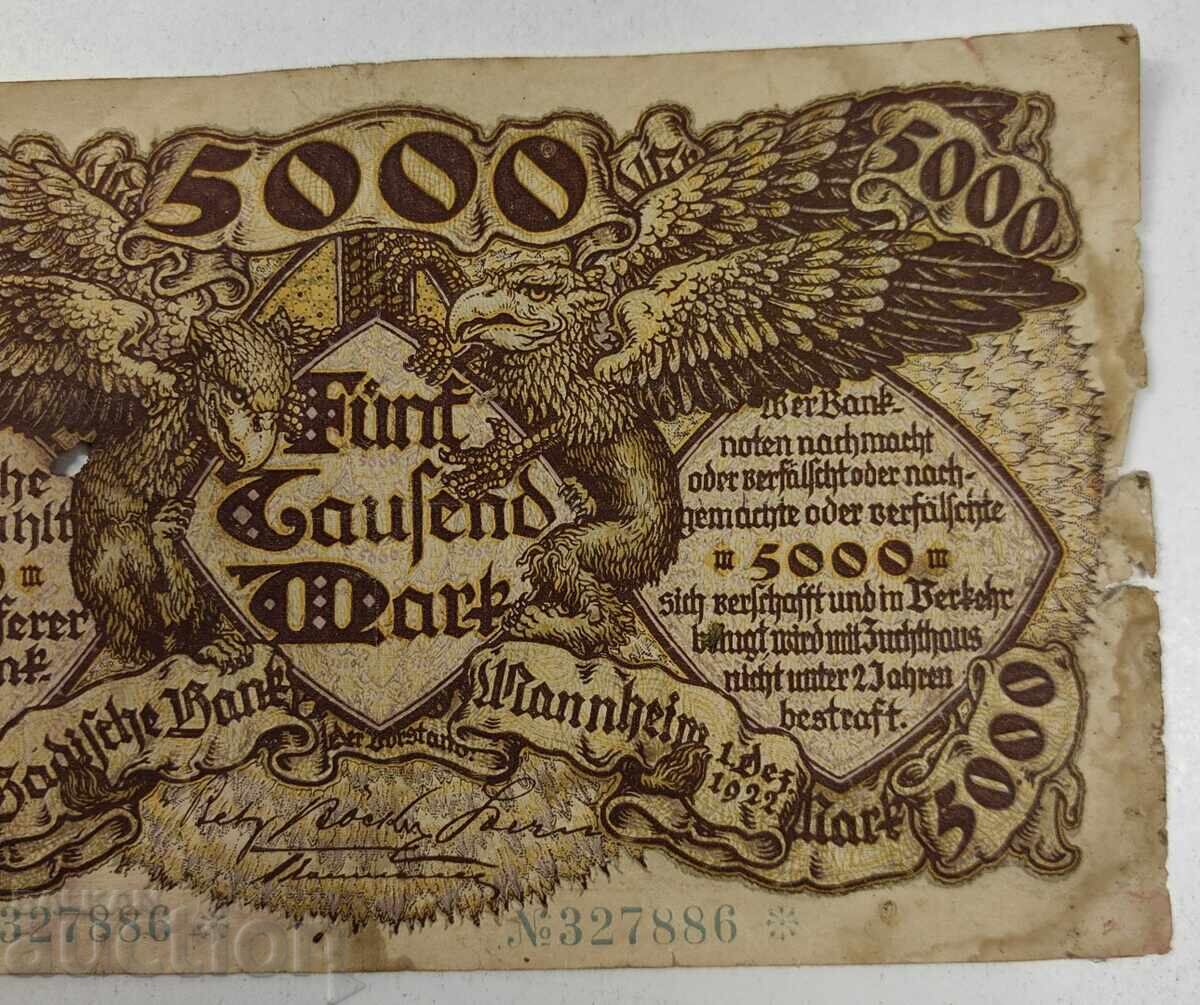 1922 5000 MARKI BADEN MANKHAĬM GERMANIA BANCNOTĂ cu preț € 6.00 | 11.73 BGN