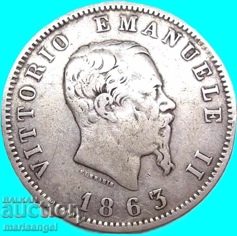 Auction  Italy 1 lira Coat of arms 1863 M - Milan silver