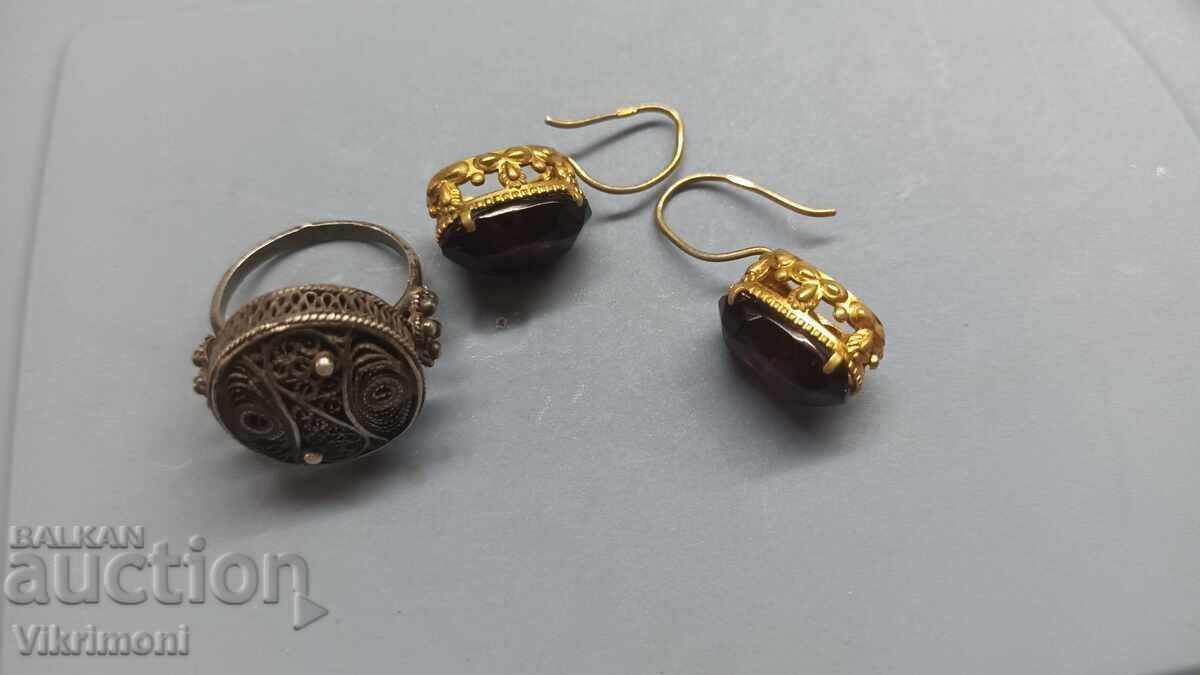 Сребро,гранат,позлата,обеци,винтидж,маркировки, фасетиран с цена € 120.00 | 234.70 лв.