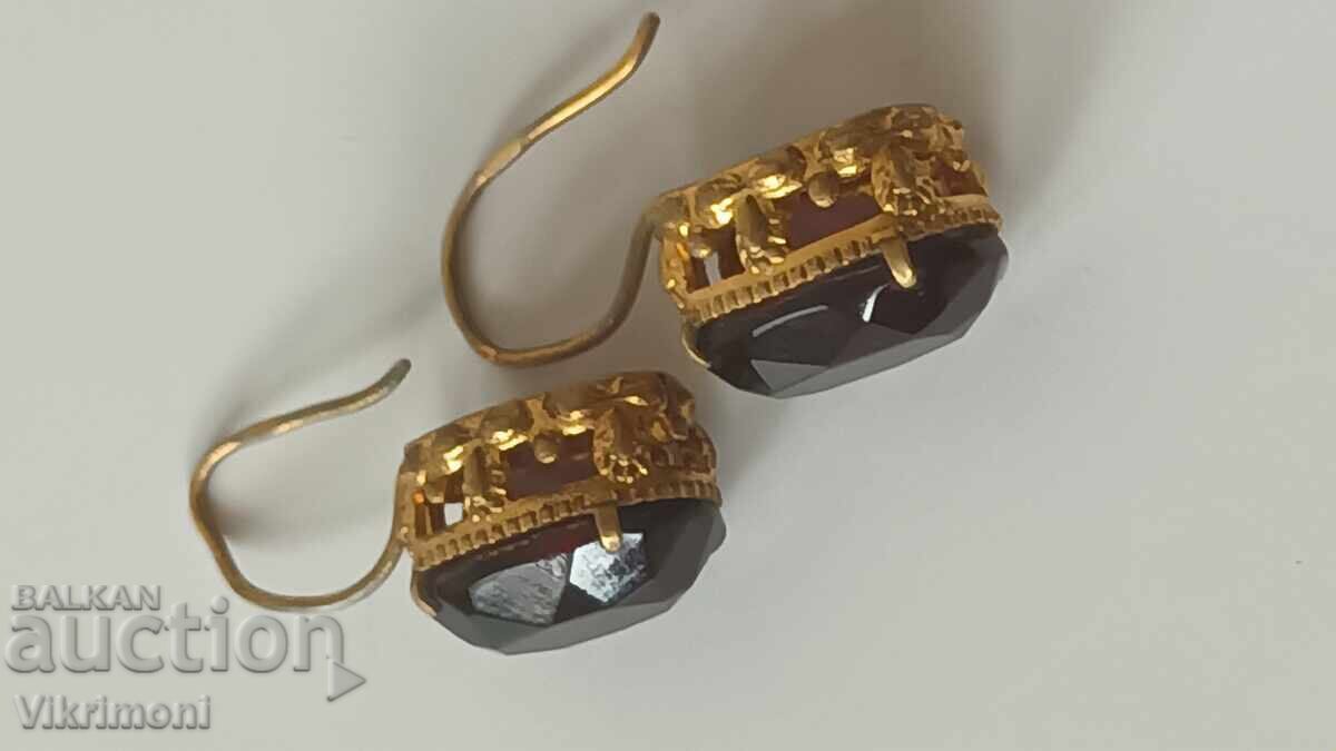 Сребро,гранат,позлата,обеци,винтидж,маркировки, фасетиран - 5