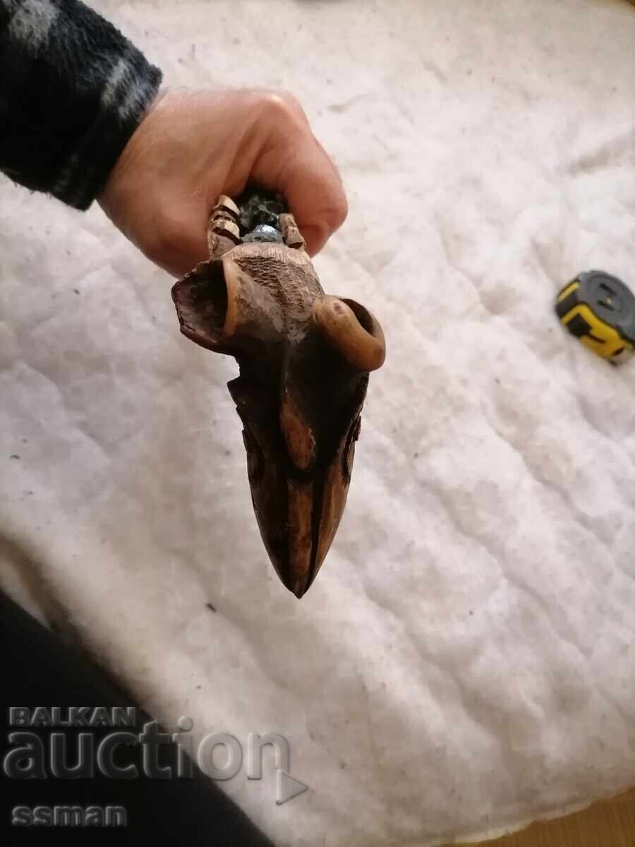 Topor de lemn ritualic șamanic cu turcoaze și tectite - 5