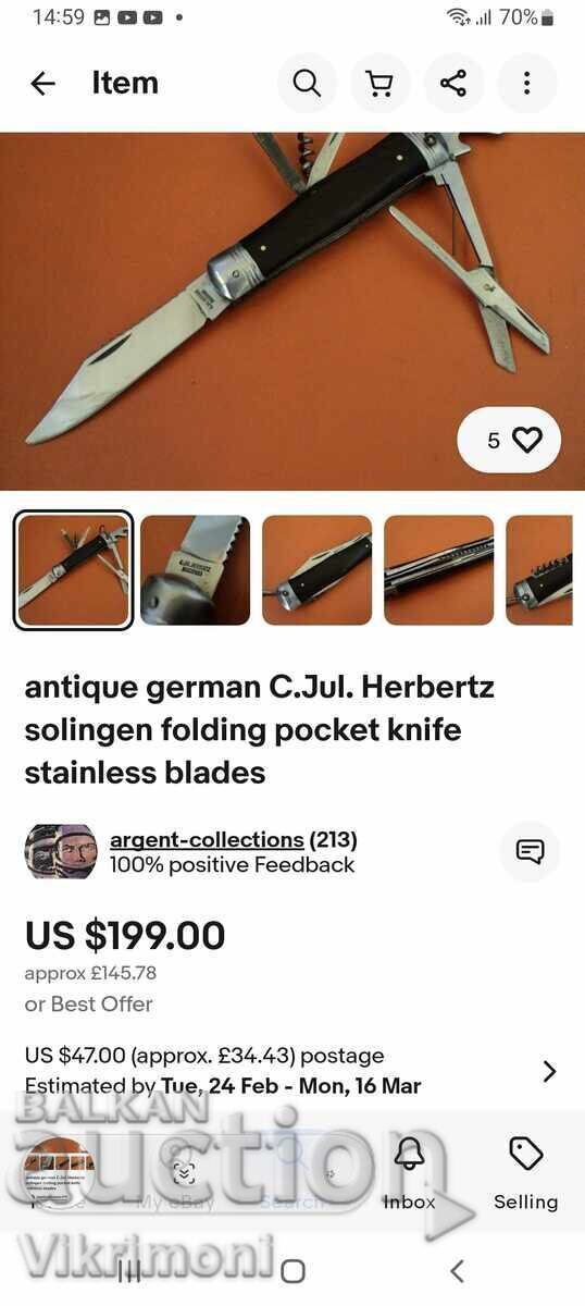 Cuțit german, C.Jul.Herbertz Solingen, militar, scule multiple cu preț € 98.00 | 191.67 BGN Cuțit german, C.Jul.Herbertz Solingen, militar, scule multiple cu preț € 98.00 | 191.67 BGN