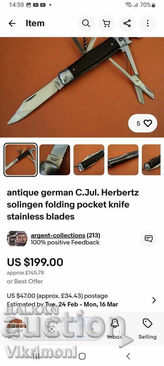 Cuțit german, C.Jul.Herbertz Solingen, militar, scule multiple cu preț € 98.00 | 191.67 BGN Cuțit german, C.Jul.Herbertz Solingen, militar, scule multiple cu preț € 98.00 | 191.67 BGN