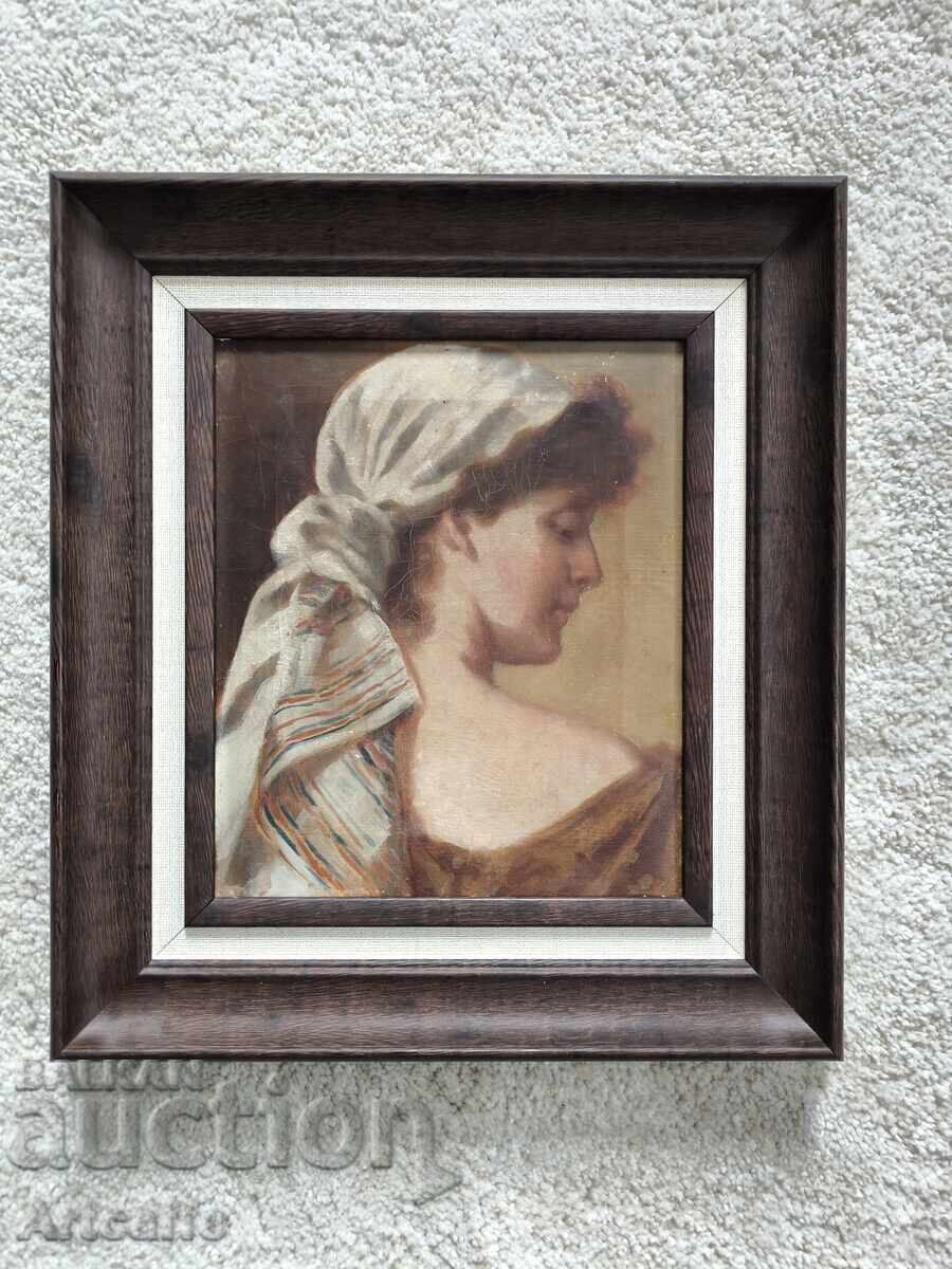 Pictură veche în ulei – portret de femeie, școală franceză, secolul XIX Pictură veche în ulei – portret de femeie, școală franceză, secolul XIX