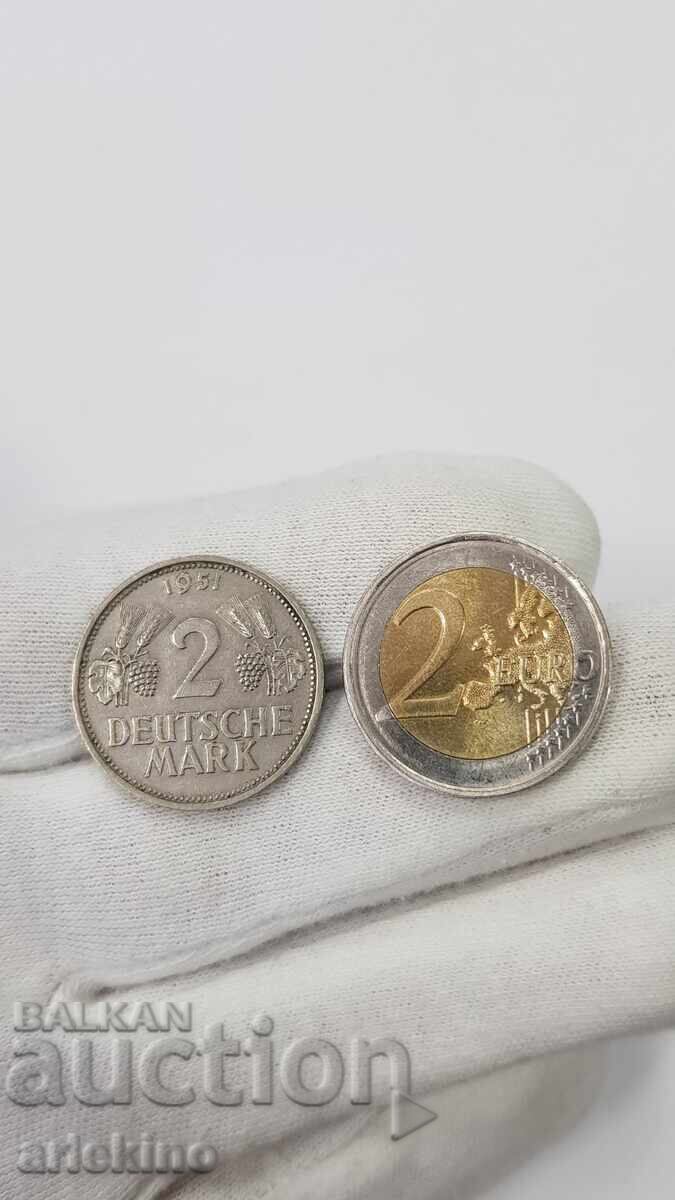 Παράδοση Συλλεκτικό νόμισμα 2 μάρκων "F" 1951 Γερμανία