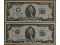 2 DOLLARS 2017, USA - 2 consecutive numbers - UNC