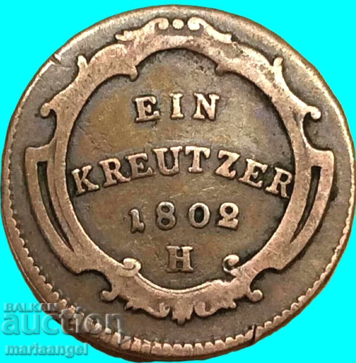 1 kreĭtser 1802 N - Günzburg Austria 24mm cupru