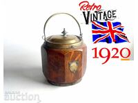 Butoi victorian englezesc din stejar pentru biscuiți cu capac și clemă