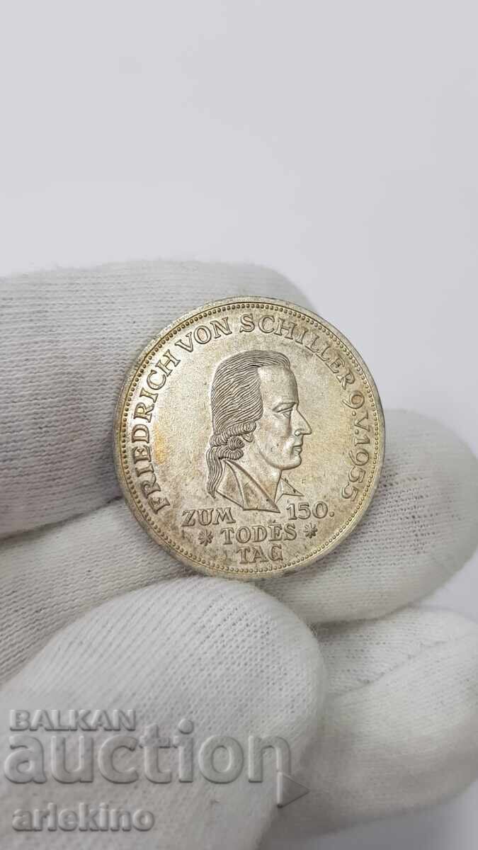 Monedă rară de argint 5 mărci 1955 F SCHILLER Germania cu preț € 160.00 | 312.93 BGN